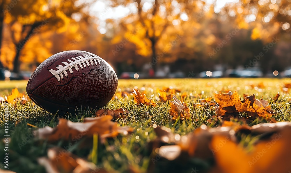 American football on autumn grass with fallen leaves. American football on autumn grass with fallen leaves.