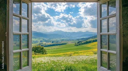 A picturesque countryside view through an open window, with green fields and mountains in the background.