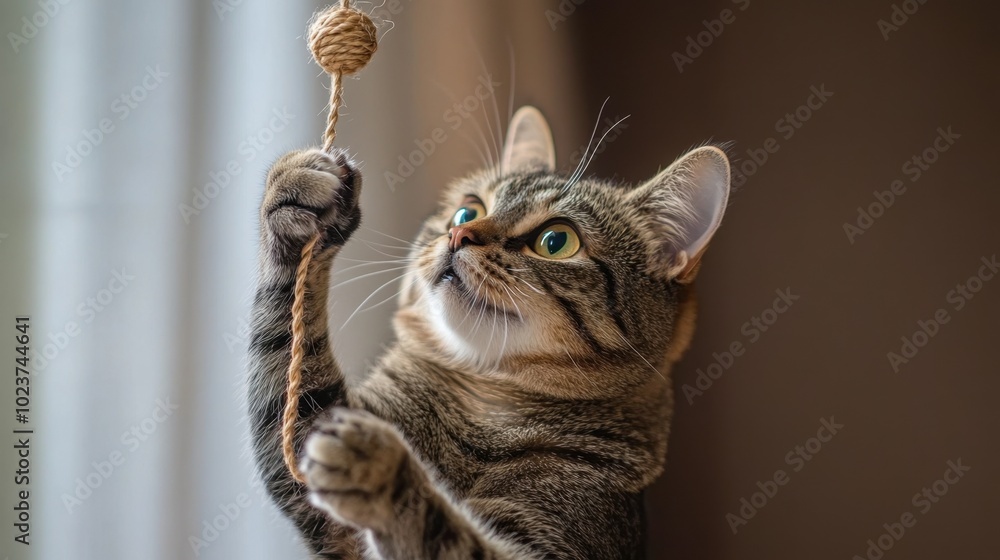 Fototapeta premium A playful cat batting at a string toy, with its paws outstretched and eyes wide with excitement.