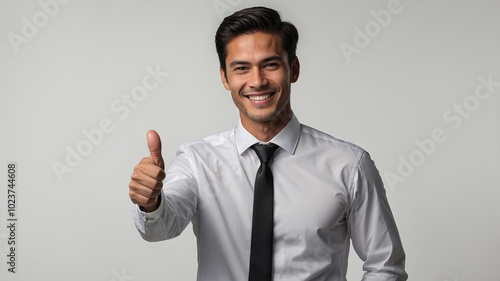 Confident man in a sharp formal suit, wearing a white dress shirt and a sleek black tie, smiling and giving a thumbs-up to the camera. Isolated