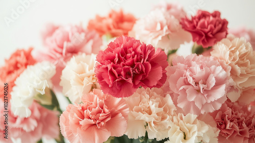 Imagine a stunning bouquet of carnations in vibrant shades of pink, red, and white, their frilled petals creating a lush, textured appearance.