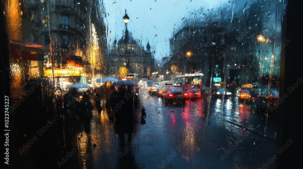 Fototapeta premium A rain-soaked city seen through a caf window, with blurred lights of passing cars and pedestrians.