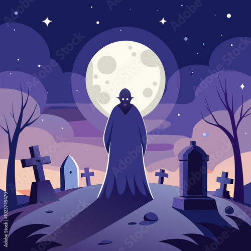 Ghost Rising from Graveyard Silhouette with Tombstones and Moonlight photo