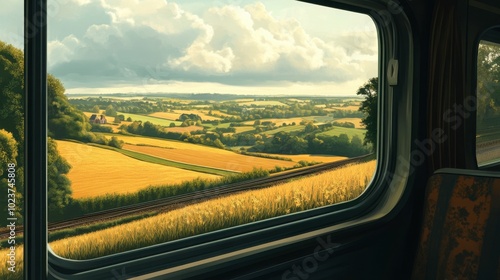 A scenic countryside landscape seen through the window of a train, with rolling hills and farms passing by.