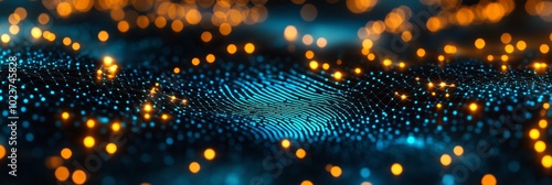 Abstract Blue Fingerprint Mesh Network and Data Flow in Cyberspace with Orange and Yellow Bokeh. photo