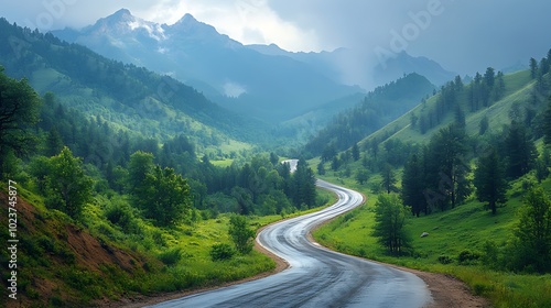 Winding asphalt road leading through a lush green valley with misty mountains in the background.