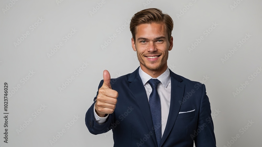 Confident man in a sharp formal suit, wearing a white dress shirt and a sleek black tie, smiling and giving a thumbs-up to the camera. Isolated Confident man in a sharp formal suit, wearing a white dress shirt and a sleek black tie, smiling and giving a thumbs-up to the camera. Isolated