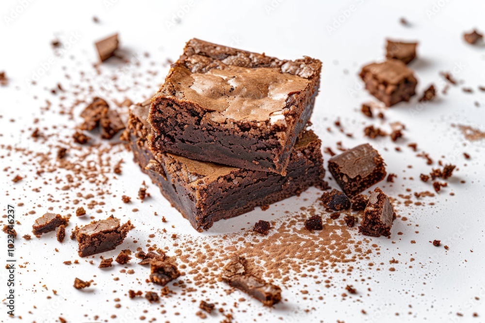 Pieces of fresh brownie on white background. Delicious chocolate pie Pieces of fresh brownie on white background. Delicious chocolate pie