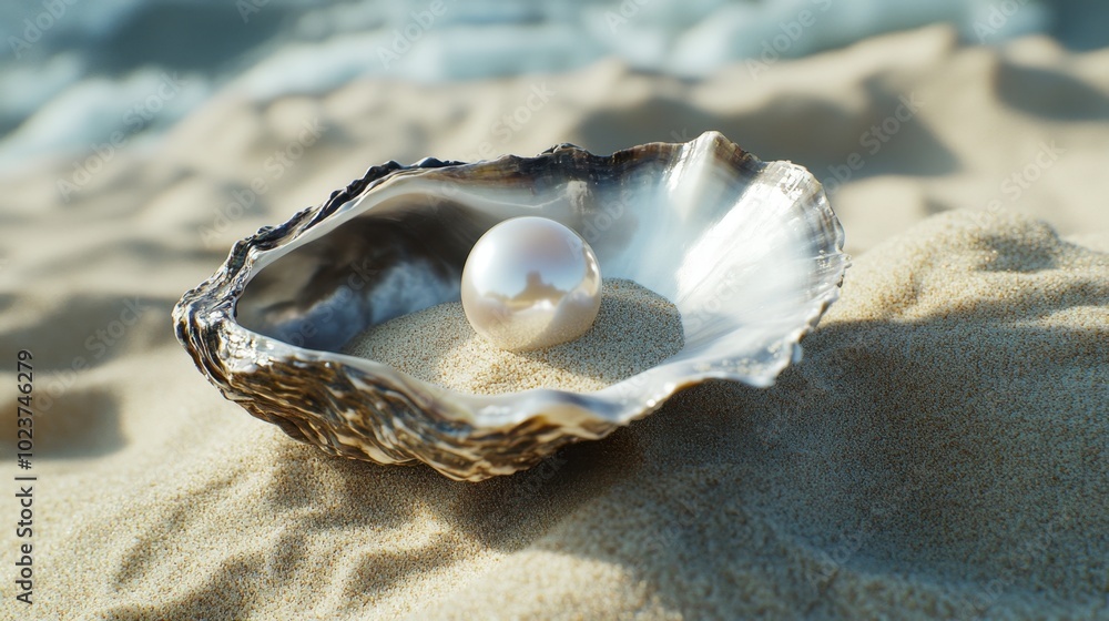 A single pearl balanced on the edge of an oyster shell, surrounded by ocean sand. A single pearl balanced on the edge of an oyster shell, surrounded by ocean sand.