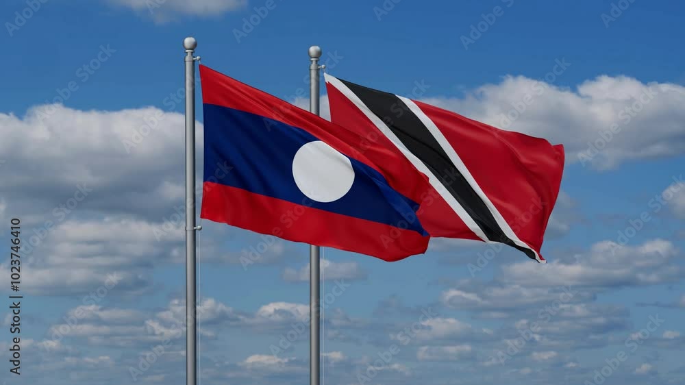 Trinidad and Tobago and Laos flags flying together, video concept of the relationship, two country cooperation concept Trinidad and Tobago and Laos flags flying together, video concept of the relationship, two country cooperation concept