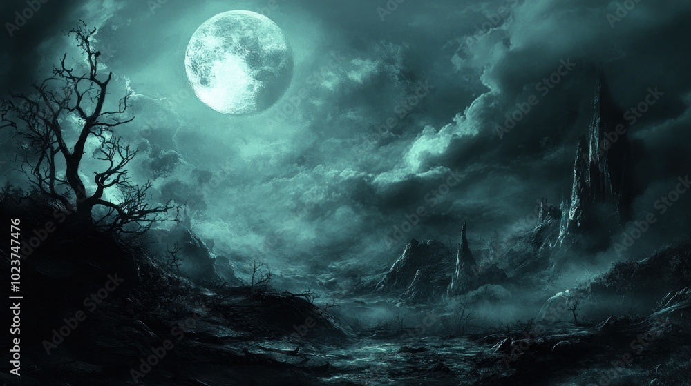 Fototapeta premium A desolate, moonlit landscape with a looming rock formation.