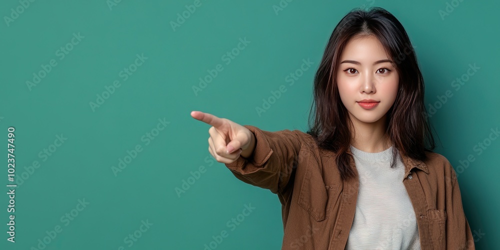 asian woman pointing, solid green background, copy space asian woman pointing, solid green background, copy space