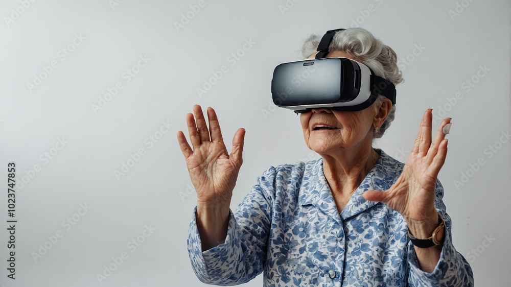 A Grandmother trying out the experience of using Virtual Reality Isolated with a white background. Virtual experience A Grandmother trying out the experience of using Virtual Reality Isolated with a white background. Virtual experience
