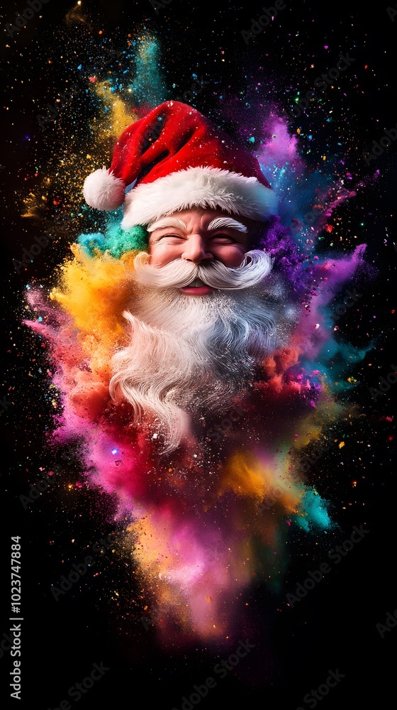 An explosion of color, with Santa Claus bursting out in an array of vibrant hues against the dark background An explosion of color, with Santa Claus bursting out in an array of vibrant hues against the dark background