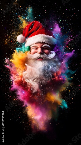 An explosion of color, with Santa Claus bursting out in an array of vibrant hues against the dark background