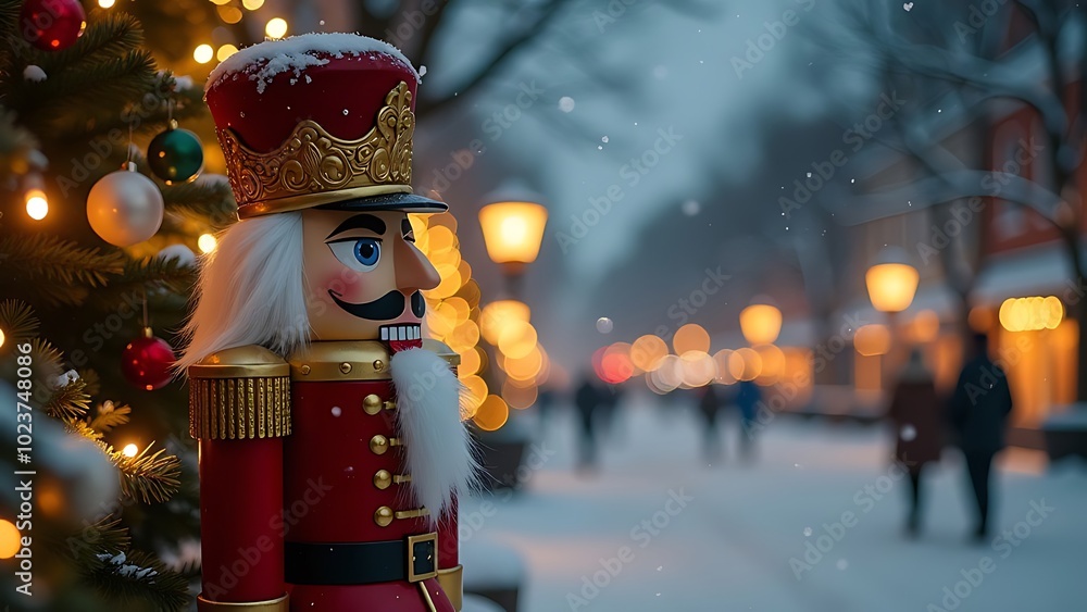 The Nutcracker, against the backdrop of a Christmas tree, street, snowing, lights The Nutcracker, against the backdrop of a Christmas tree, street, snowing, lights