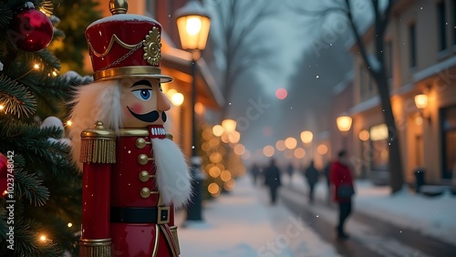 The Nutcracker, against the backdrop of a Christmas tree, street, snowing, lights photo