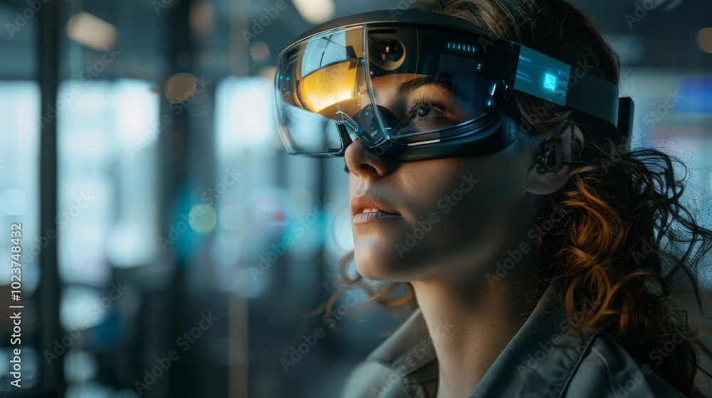Professional in a modern office, wearing a headset, utilizing an advanced AR interface for managing projects Professional in a modern office, wearing a headset, utilizing an advanced AR interface for managing projects