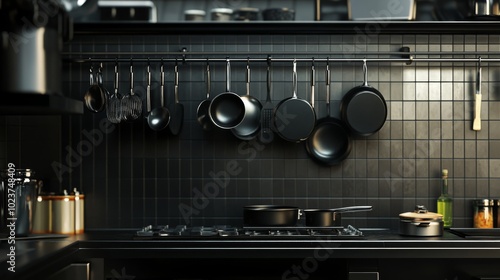 Modern Black Kitchen with Hanging Cookware Display