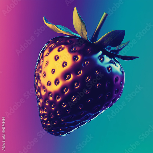 Neon strawberry suspended in vibrant colors reflecting playful themes of mythology and desire