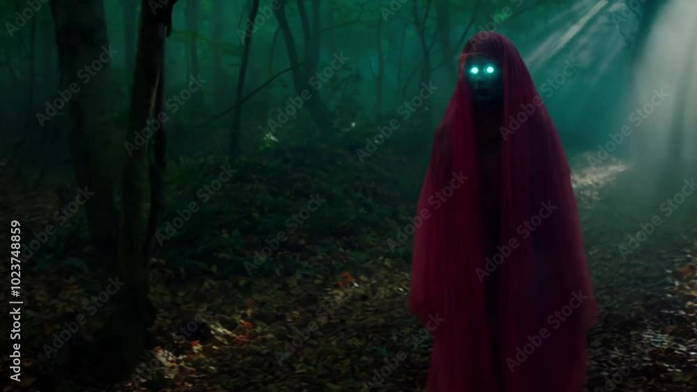 A ghostly figure walking through a forest with glowing eyes watching from the trees. A ghostly figure walking through a forest with glowing eyes watching from the trees.