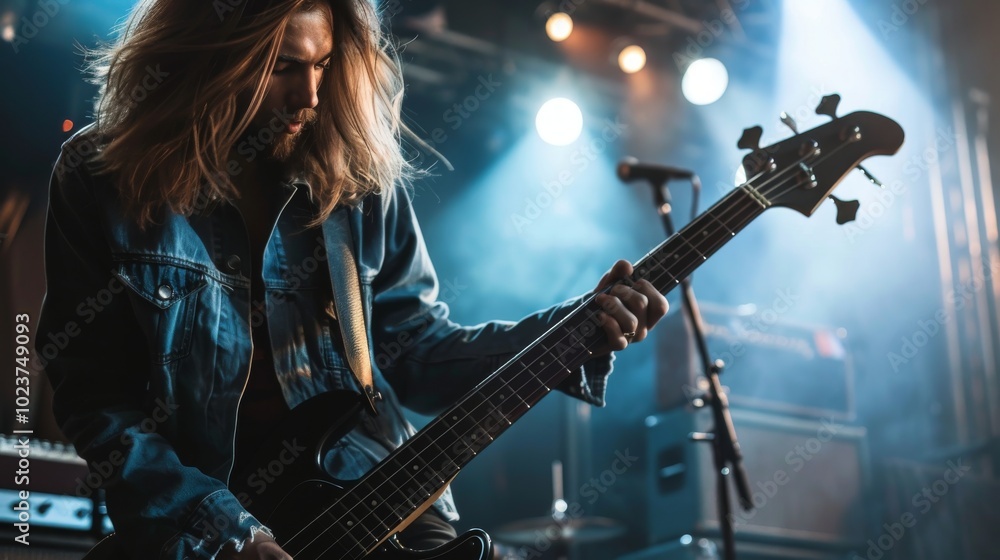 Obraz premium Rock bassist playing a powerful riff on stage