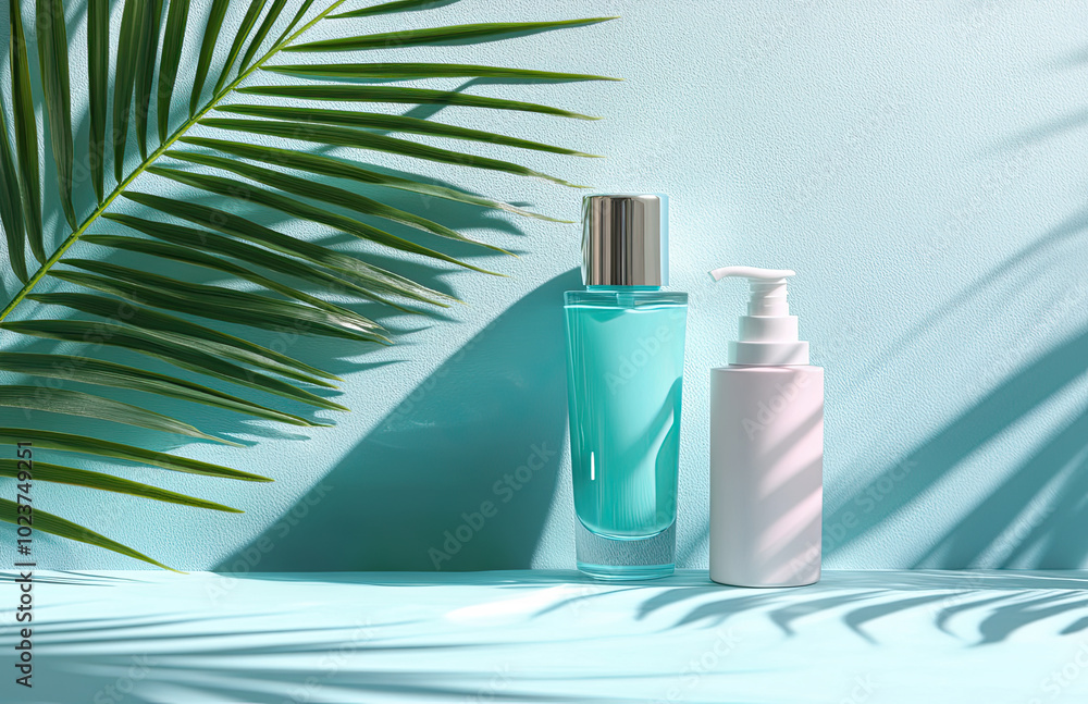 set of cosmetic jars on textured colored wall background, bright sunlight, bright shadows, plant leaves set of cosmetic jars on textured colored wall background, bright sunlight, bright shadows, plant leaves