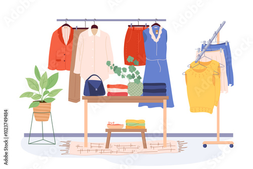 Colored flat apparel boutique vector illustration isolated on white background. Fashion wardrobe, modern women clothes hanging on hanger rail, garments on racks, bags and summer accessories on shelves