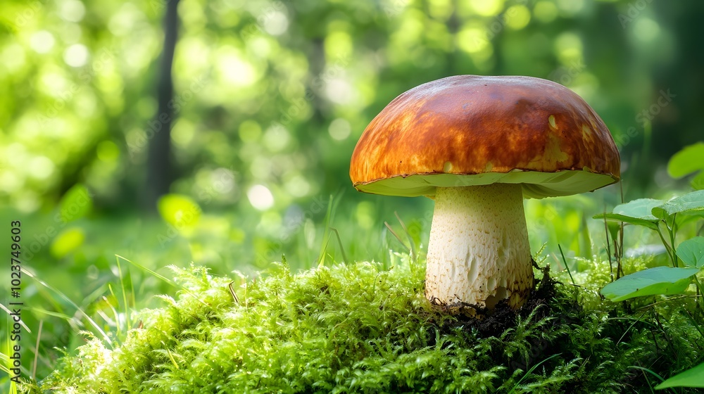 A mushroom growing in the grass, with its cap and stem visible through the dense green foliage A mushroom growing in the grass, with its cap and stem visible through the dense green foliage