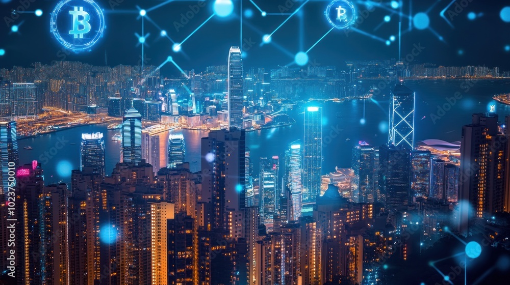 custom made wallpaper toronto digitalA futuristic cityscape with glowing Bitcoin symbols and digital network lines, representing cryptocurrency adoption and the decentralized future of finance.