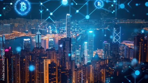 Wallpaper Mural A futuristic cityscape with glowing Bitcoin symbols and digital network lines, representing cryptocurrency adoption and the decentralized future of finance. Torontodigital.ca