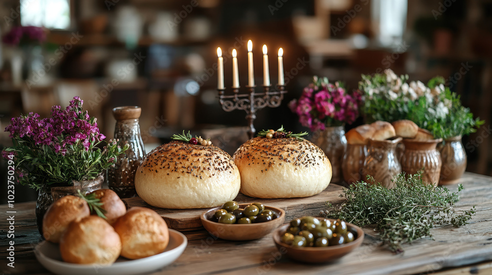A festive table set with challah, candles, and fresh herbs, embodying the joyful spirit of Hanukkah celebrations.