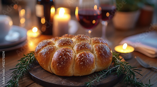 A beautifully presented traditional challah bread on a festive dinner table, symbolizing family gatherings and holiday celebrations. photo