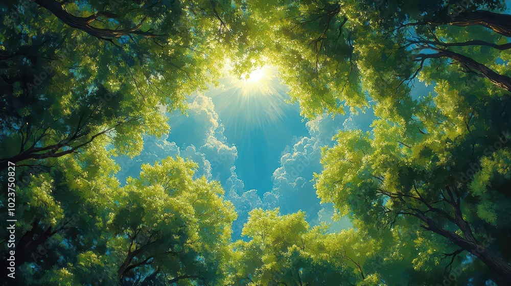 looking up through a lush forest canopy vibrant green leaves filter sunlight against a backdrop of a clear blue sky evoking tranquility and a connection with nature in a serene composition looking up through a lush forest canopy vibrant green leaves filter sunlight against a backdrop of a clear blue sky evoking tranquility and a connection with nature in a serene composition
