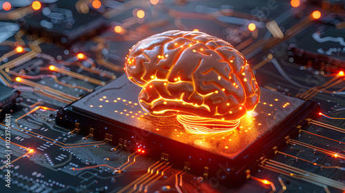 Human brain with artificial intelligence on a circuit board.