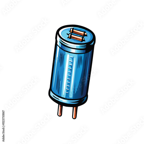 Generate a realistic vector design of a compact capacitor with a blue cylindrical body and two protruding copper terminals.