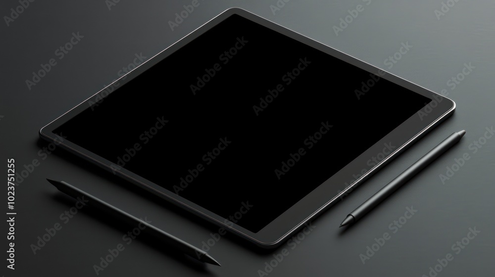 Black Tablet with Stylus on a Dark Surface Black Tablet with Stylus on a Dark Surface