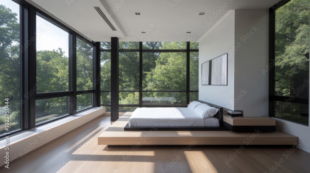Modern Bedroom with Large Windows and Minimalist Design Modern Bedroom with Large Windows and Minimalist Design