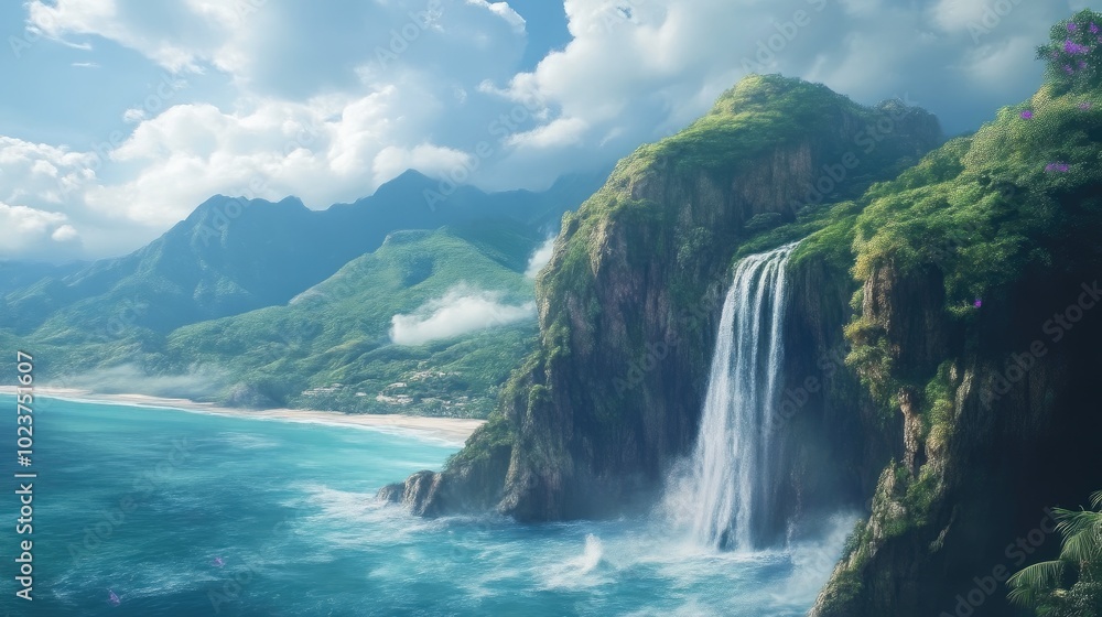 Fototapeta premium Idyllic Coastal Island with Lush Mountains and Waterfalls