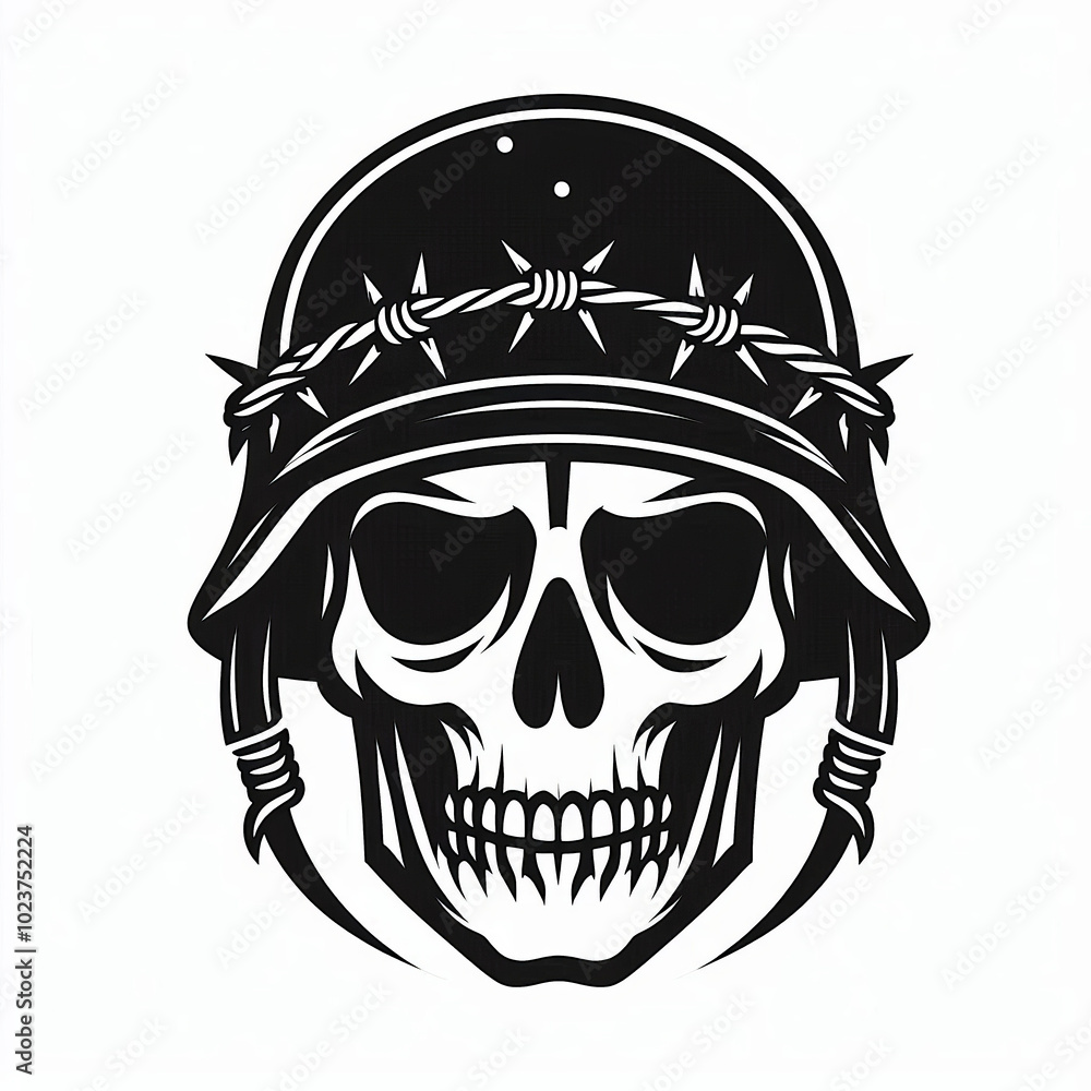 Fototapeta premium simple image of a skull in a military helmet tied with barbed wire isolated on a white background, in logo or icon style