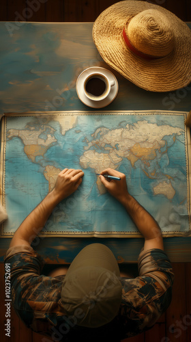Obraz na płótnie close up shot of a man's hands with a map, pencil, preparing for an adventure and embodying a free spirited traveler lifestyle w salonie
