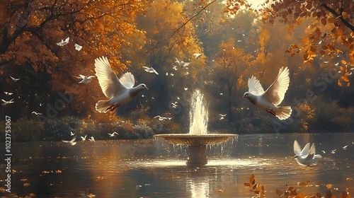 Two white doves flying over a fountain in a pond with autumn leaves on the water.