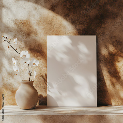 Artwork mockup in beige room with white orchid photo