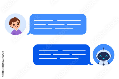 Chatbot concept featuring conversation between human and robot in messenger. Vector illustration for AI communication, customer service designs and digital assistant projects