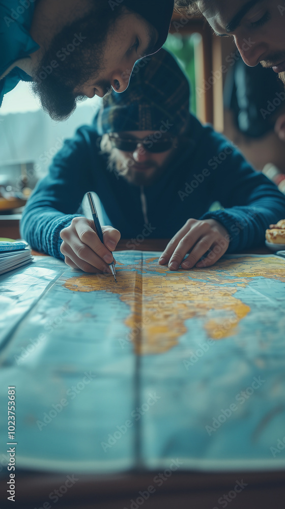 close up shot of a man's hands with a map, pencil, preparing for an adventure and embodying a free spirited traveler lifestyle