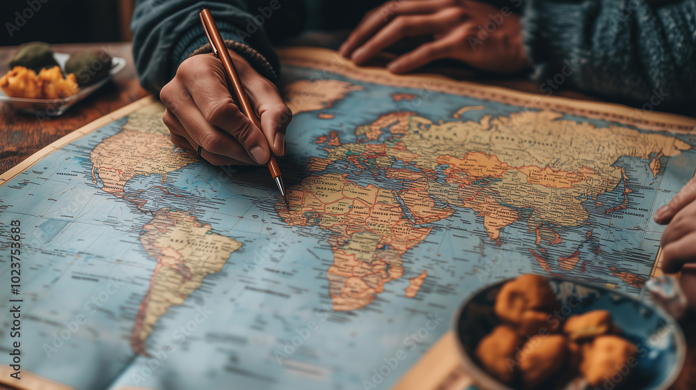 close up shot of a man's hands with a map, pencil, preparing for an adventure and embodying a free spirited traveler lifestyle