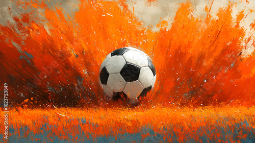 A dynamic soccer ball bursts through a vivid orange explosion on a textured background during a match
