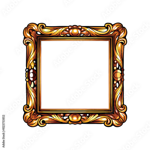 Realistic vector of a gradient gold foil frame with ornate details.