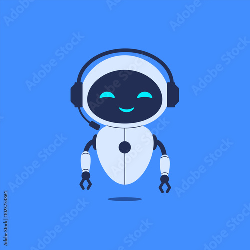 Chatbot robot wearing headphones with a microphone. Vector illustration for customer service designs, AI communication concepts, and tech support visuals