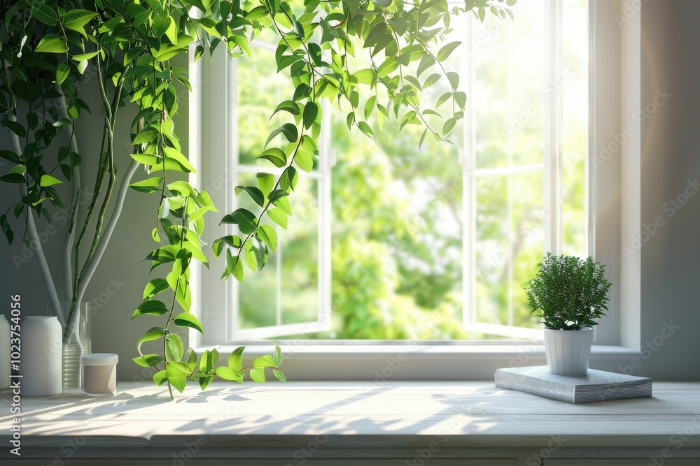 Desk with green plant and spring view through window. Desk with green plant and spring view through window.